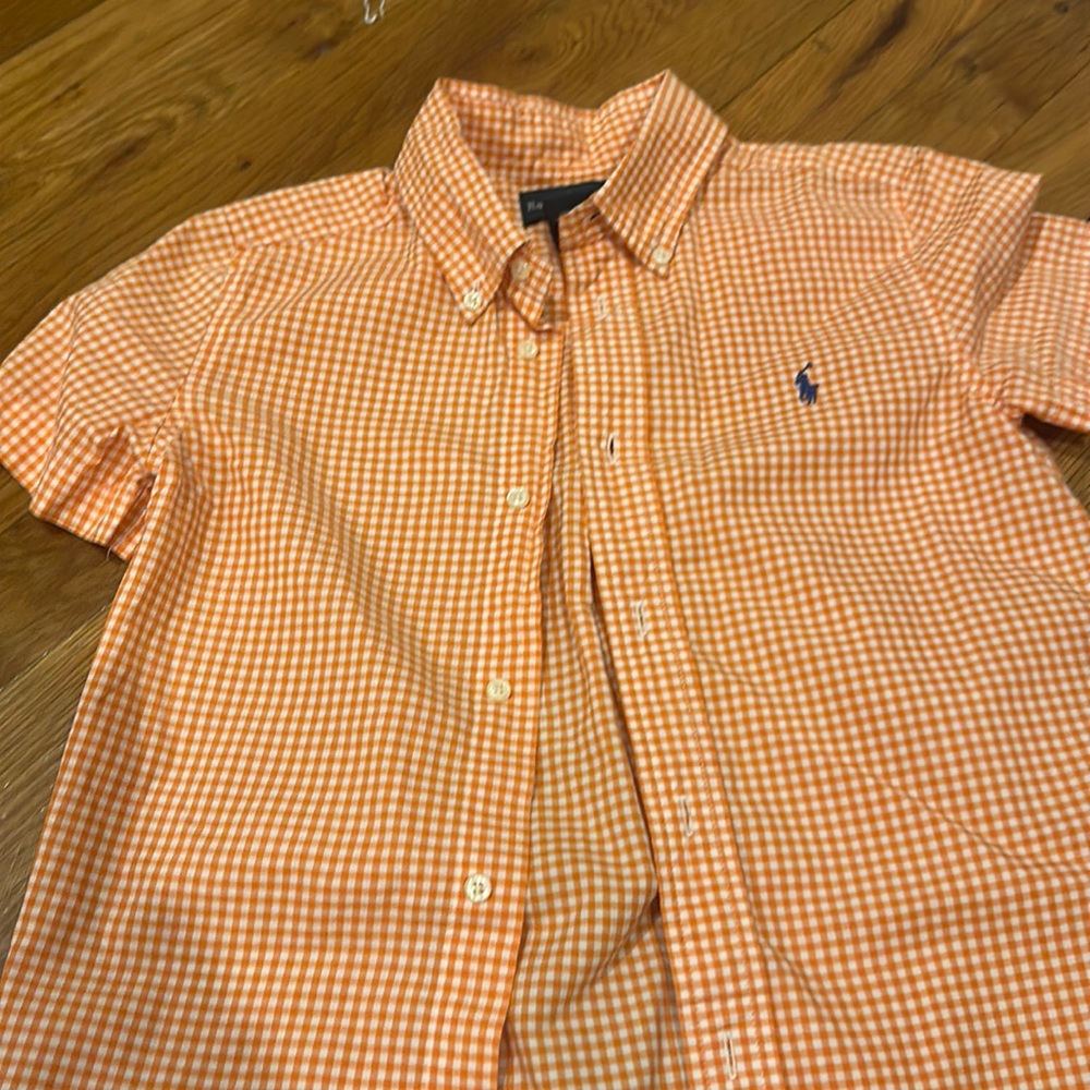 Ralph Lauren short sleeve orange and white gingham button down shirt